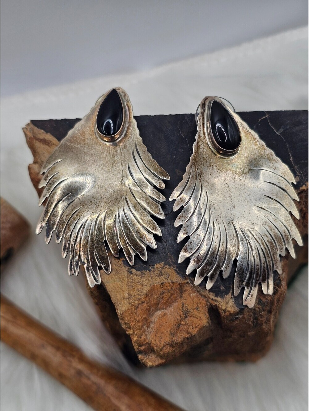 Artisan Sterling Silver Black Onyx Wing Post Earrings 17.6g